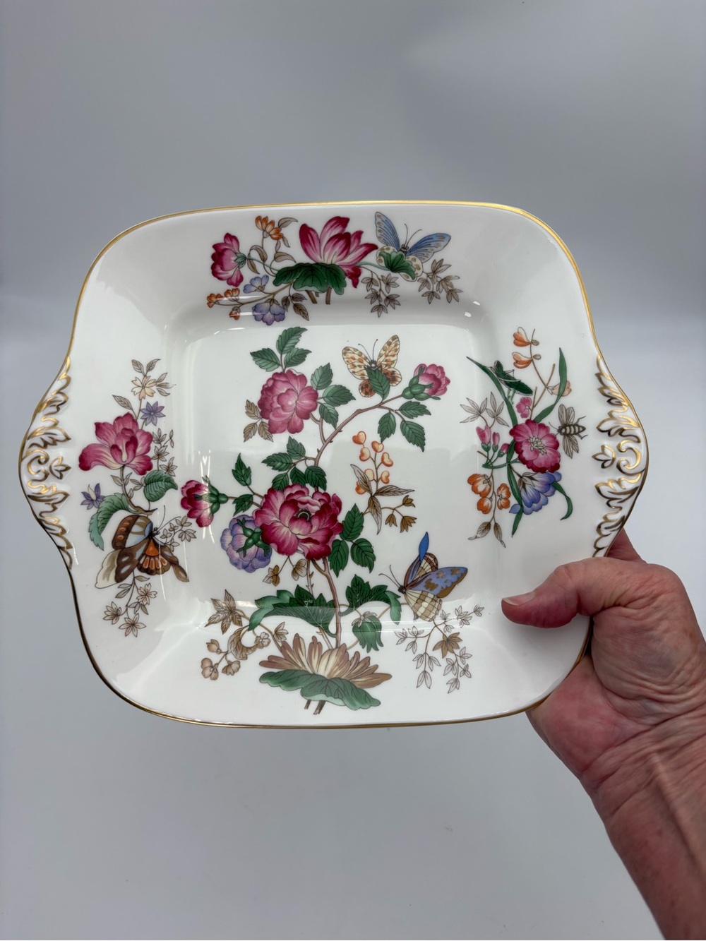 Vintage Square Wedgwood “Charnwood” Floral Porcelain Cake Plate with Gold Trim